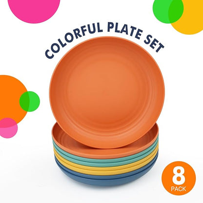 Homienly Deep Dinner Plates Set of 8 Alternative for Plastic Plates Microwave and Dishwasher Safe Wheat Straw Plates for Kitchen Unbreakable Kids Plate Set with 4 Colors (Classic Bright, 9 inch)