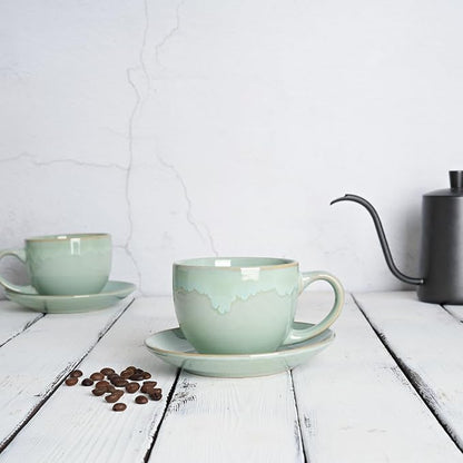 Bosmarlin Ceramic Cappuccino Cup and Saucer Set of 2, 10 Oz, Coffee Cups - Image 4
