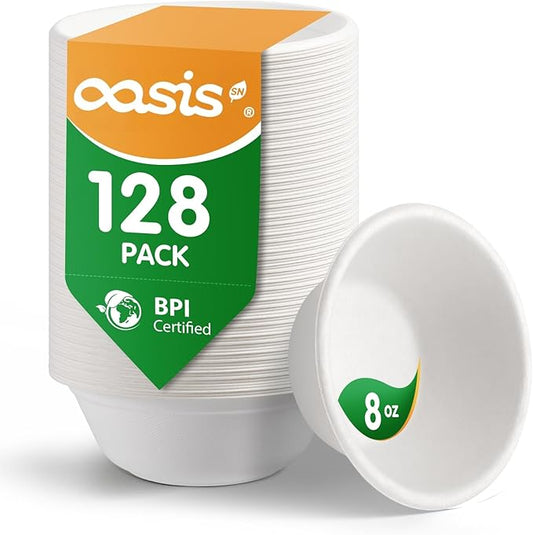 𝟴 𝗼𝘇, 𝟭𝟮𝟴-𝗣𝗮𝗰𝗸 Compostable Paper Bowls, Heavy-Duty Biodegradable Disposable Bowls Made from Bagasse, Eco-Friendly, Microwave & Freezer Safe (White)