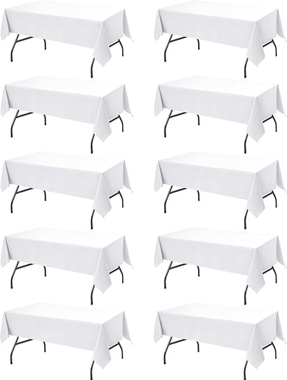 10-Pack White Tablecloths for Rectangle Tables, 60 x 84 Inches, Stain-Resistant Polyester Fabric for 4 Foot Tables - Washable Table Covers for Weddings, Banquets, Birthday Parties, Events