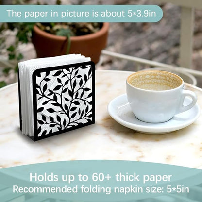 Leaves and Branch Decorative Black Metal Napkin Holder for Table, 4.9" x 4.9" x 1.9" Standing Napkin Holder for Home Kitchen Restaurant Picnic Party Coffee Bar Dining Room