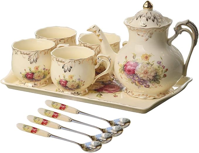 YOLIFE Porcelain Tea Set, Ivory Vintage Flowering Shrubs Teaset | 4 Teacups - Image 7