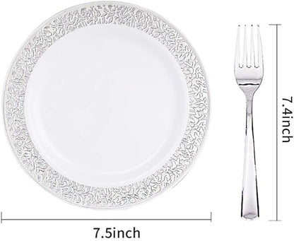 WDF 100pcs Silver Plastic Dessert Plates 7.5" with 100 Pieces Disposable Forks 7.4", Silver Plates Appetizer Plates Small Plates, Fancy Salad Plate and Cake Plate for Party Wedding Valentine's Day