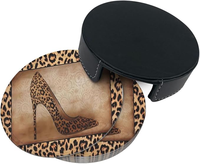 6 Pcs Leopard Print Brown Animal Texture High Heels Leather Coasters - Image 4