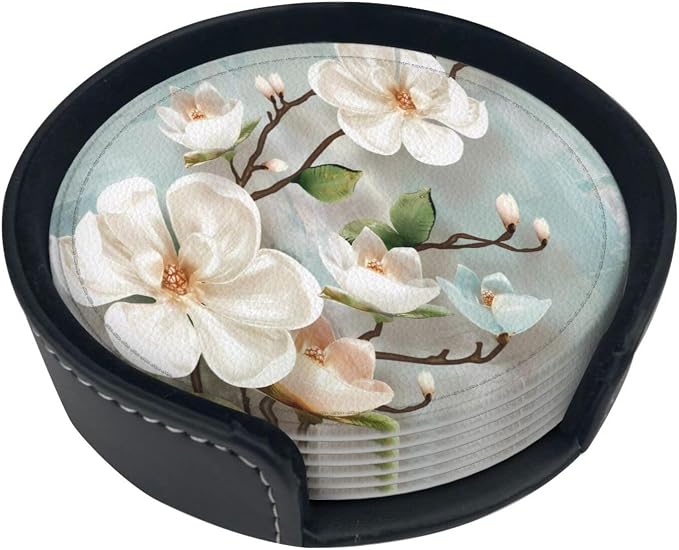 6 Pcs Spring White Blossom Magnolia Flowers Leather Coasters - Image 2