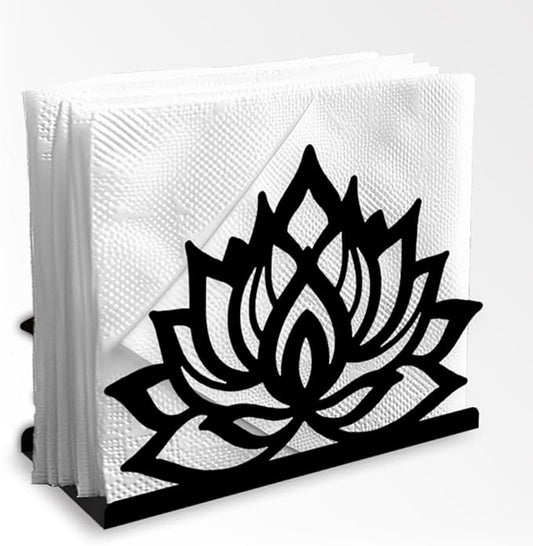 Lotus Flower Decorative Black Metal Napkin Holder for Table, 5.3" x 4.1" x 2" Floral Standing Napkin Holder for Home Kitchen Restaurant Picnic Party Coffee Bar Dining Room