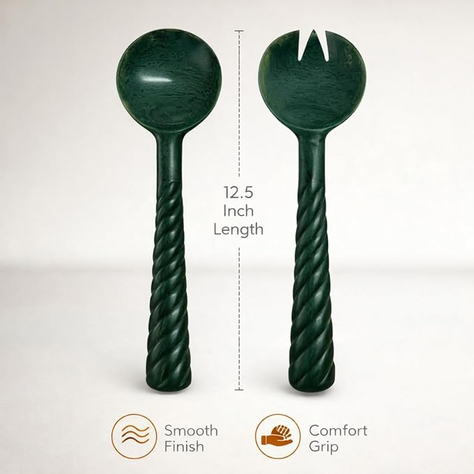 SS CRAFTS INDIA Premium 12.5" Forest Green Marbled Resin Salad Servers | Set of - Image 3