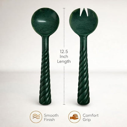 SS CRAFTS INDIA Premium 12.5" Forest Green Marbled Resin Salad Servers | Set of - Image 3