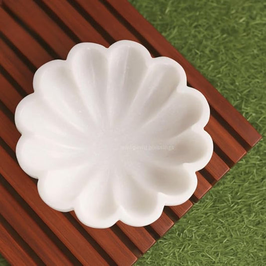 HandCrafted Marble Decorative Bowl | White Ruffle Scalloped Fluted Key/Fruit Ring Dish | Organic Modern Home Decor (10 Inches)