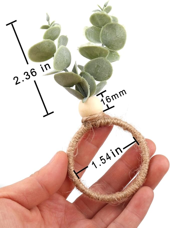 24 Pcs Napkin Rings with Artificial Eucalyptus Leaf Wood Bead Jute Rope - Image 4
