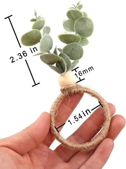 24 Pcs Napkin Rings with Artificial Eucalyptus Leaf Wood Bead Jute Rope - Image 4