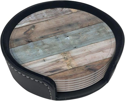 6 Pcs Rustic Wooden Vintage Western Country Blue Gray Leather Coasters - Image 2