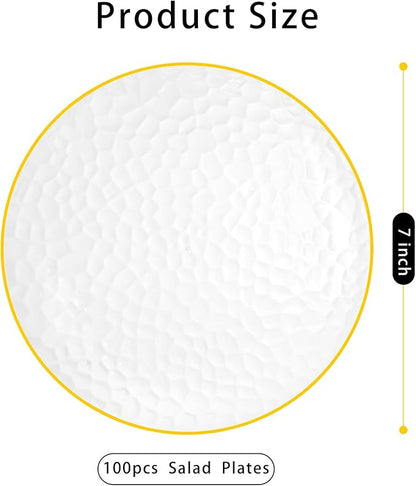 Rubtlamp 100 Pcs Clear Gold Plastic Plates, Hammered Party Plates, Clear Disposable Dessert Plates,Clear Gold Plates 7 Inch, Gold Plastic Dessert Plates Disposable For All Occasions