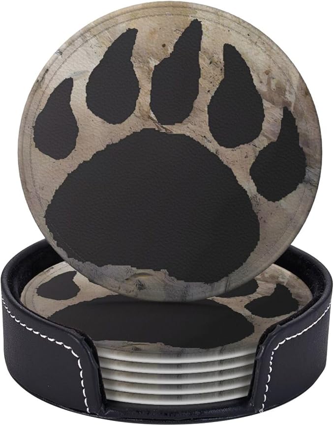 Bear Paw Print Premium Leather Coasters by LRCCJS