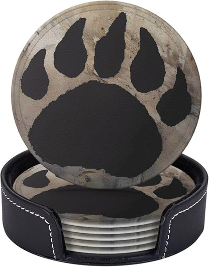 Bear Paw Print Premium Leather Coasters by LRCCJS