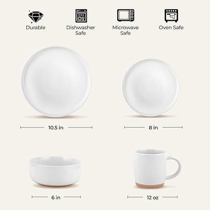 Zulay Kitchen Terra Stoneware 32-Piece Dinnerware Set, Artisanal Ceramic Plates and Bowls Set Crafted at 2300℉ - Service for 8, Speckled White