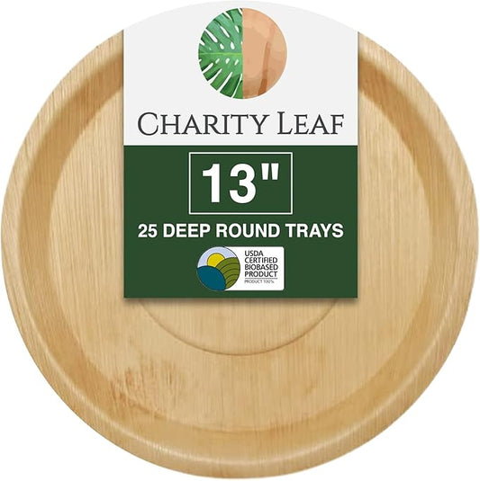 Charity Leaf Disposable Palm Leaf 13" Deep Round Trays (25 pieces) Bamboo Like Serving Platters, Disposable Boards, Eco-Friendly Dinnerware For Weddings, Catering, Events