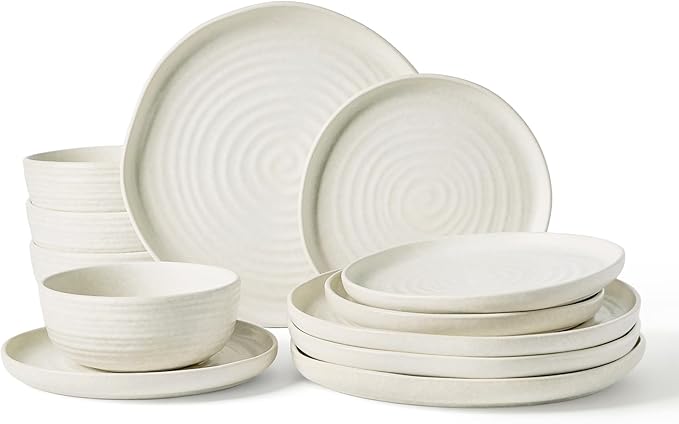 Famiware Pluto 12-Piece Stoneware Dinnerware Set, Matte Beige White | Double by Famiware