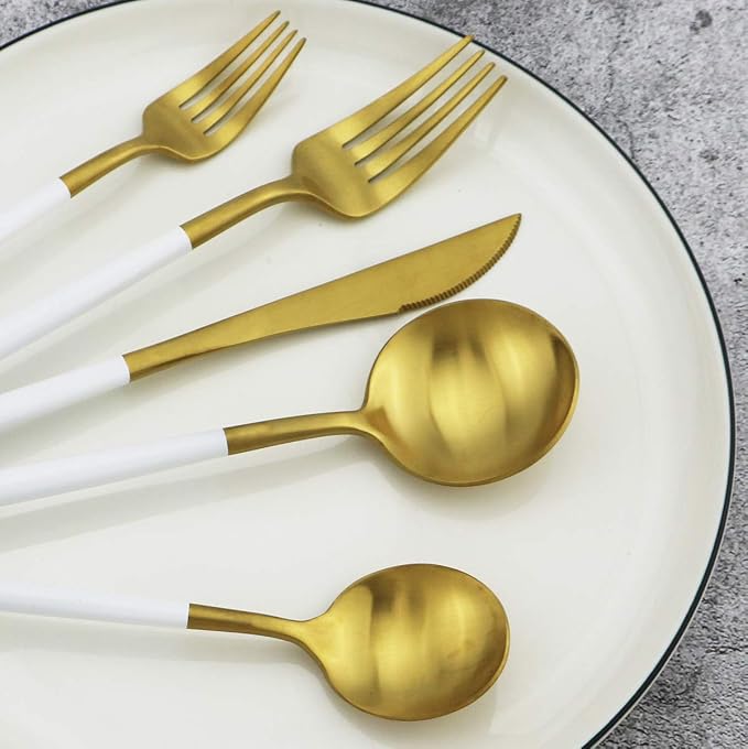 White Handle Matte Gold Silverware Set, Gugrida 5-Piece 18/10 Stainless Steel - Image 3