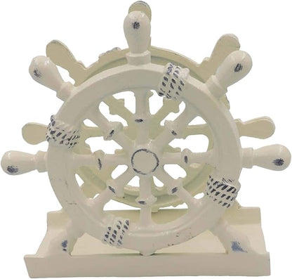 THDC Nautical Napkin Holder, Lunch, Dinner, Nautical Collection Napkin Holder, Made of Metal (Wheel Distressed Ivory)