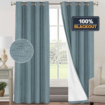 PrinceDeco Linen Blackout Curtains 84 Inches Long 100% Blackout Curtains for Bedroom/Living Room Textured Linen Look Curtain Energy Saving with White Liner,Stone Blue, 52x84 Inch (2 Panels)