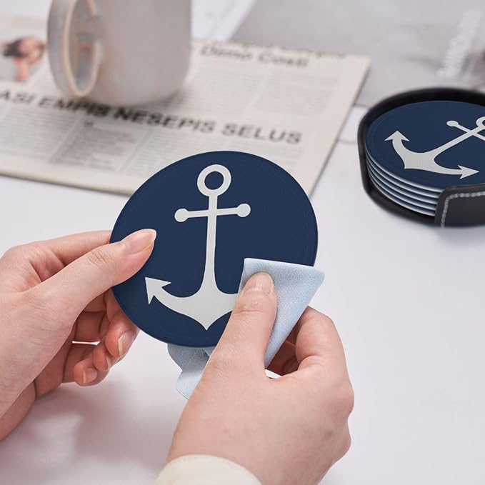 White Nautical Anchor On Navy Blue Premium Leather Coasters - Image 7