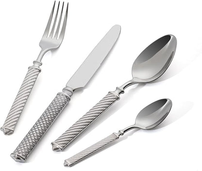 16-Piece Premium Silverware Set, Roman Rope-Pattern Flatware Crafted in 18/10 Stainless Steel, Elegant Silver Cutlery Set Service for 4, Heavy Duty Tableware with Mirror Polish, Dishwasher Safe