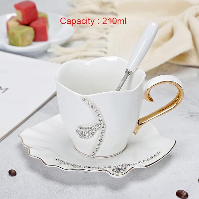 7 Oz Luxury Rhinestone Ceramic Coffee Cup and Saucer Set - Image 2