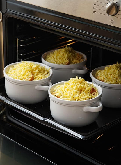 LE TAUCI Soup Bowls With Handles 28 oz and Silicone Lids, French Onion Soup Bowl for Chili, Beef Stew, Cereal, Ceramic Soup Crocks oven Safe, Microwave Dishwasher Safe - 5.5 inch, Set of 4, White