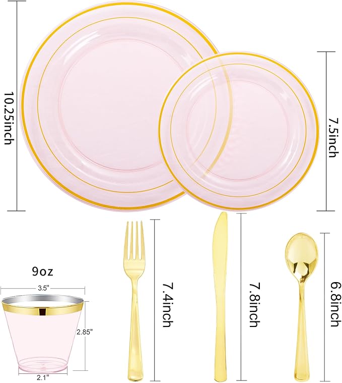 WELLIFE 210Pcs Clear-Pink Plastic Dinnerware- Pink and Gold Plastic Dinnerware - Image 2