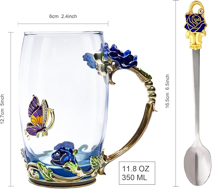 Flower Tea Cup, Butterfly Rose Clear Glass Fancy Coffee Mug - Image 2