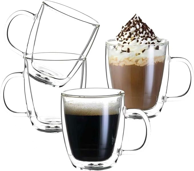 Wlasss Double Wall Insulated Glass Coffee Mugs set of 4-13 oz Clear Hand Blown by WlasssLightweightGlasswareMakingLifeEasier