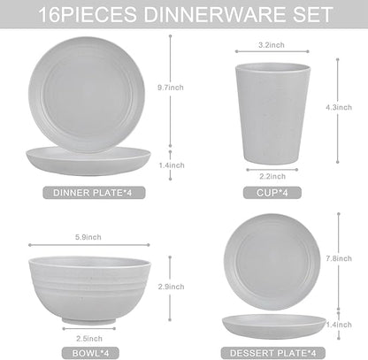 LIYH 16 Pcs Wheat Straw Dinnerware Sets Plastic Dinnerware Sets for 4 Plates and Bowls Set Reusable Tableware Grey Dish Set 8 Plates 4 Bowls 4 Cups Microwave Dishwasher