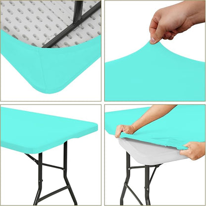 10 Pack Fitted Tablecloth for 8 Foot Rectangle Tables, Aqua Blue Elastic Outdoor Picnic Table Cover, Washable Stretch Folding Table Cloths 8 ft for Camping Party Patio Kitchen Banquet, 30" W x 96" L