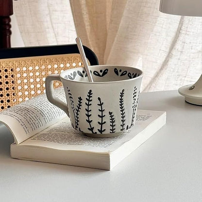 4 Pack 12oz Speckled Stoneware Coffee Mugs, Vintage Black Seaweed Botanical - Image 2