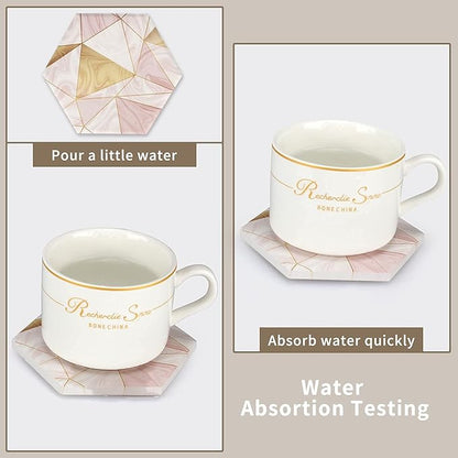 6 Pack Pink Marble Coasters with Holder Gold Absorbent Drink Unique Coaster Cute Ceramic Table Coaster Set Funny Kitchen Accessories Decorative Bar Coster Modern Coffee Table Decor Cup Coasters