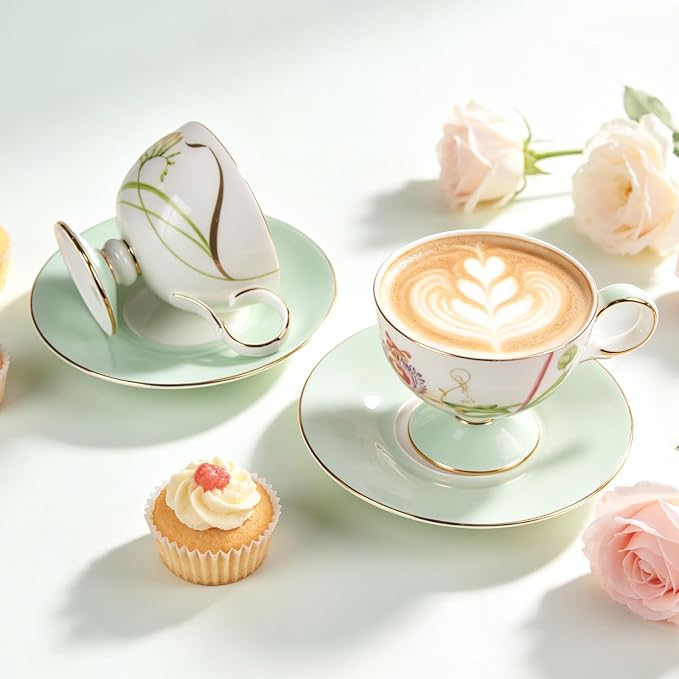 KAMMAK Tea Cups Set of 2, Ceramic Floral Pattern Demitasse Cup | Porcelain - Image 6