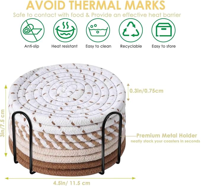 Drink Coasters 8 Pack with Holder, 4-Color Cotton Woven Absorbent Coasters Set - Image 3