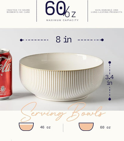 getstar Large Serving Bowls (8 inch & 60 fl oz), Ceramic Salad Bowl Set of 2, Microwave and Dishwasher Safe, Farmhouse Kitchen Decorative Bowls Set (Embossed Checks & Stars)