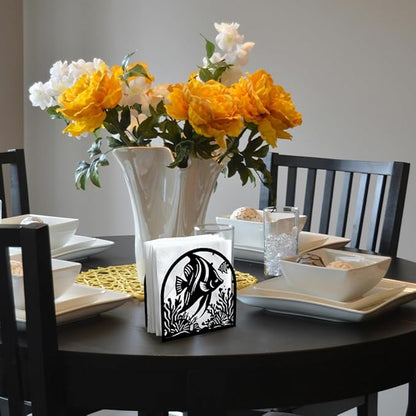 Tropical Fish Decorative Black Metal Napkin Holder for Table, 4.9" x 4.9" x 1.9" Standing Napkin Holder for Home Kitchen Restaurant Picnic Party Coffee Bar Dining Room