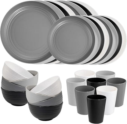 Supernal 32pcs Wheat Straw Dinnerware Sets,Plates and Bowls Sets,Reusable Plastic Plate,Microwave Dishwasher Safe,Plastic Dinnerware Set,Four Color Set 16pcs Plates,8pcs Bowls,8pcs Cups