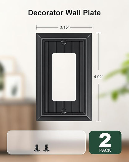 2-Pack Classic Beadboard Decorator Wall Plate Cover, Black Decorative Switch Plates and Outlet Covers, Durable Natural Bamboo Fiber Wall Plates for Electrical Outlets, Receptacle, GFCI Outlet