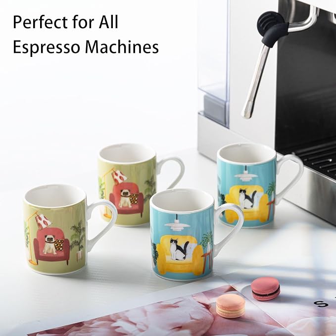 3.5oz Espresso Coffee Cups Set of 4, Cute Dog and Cat Pattern Demitasse Cups - Image 5
