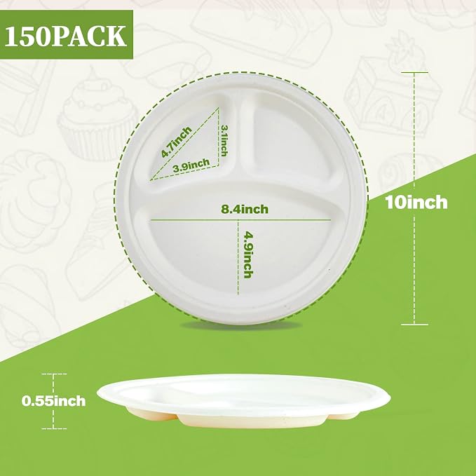 Compostable Disposable 3 Compartment Paper Plates, 10 inch, Heavy-Duty - Image 2
