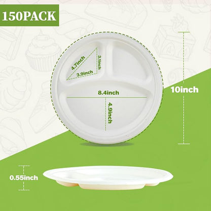 Compostable Disposable 3 Compartment Paper Plates, 10 inch, Heavy-Duty - Image 2