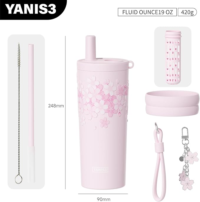 18.5 oz Thermo Cup with Straw, Elegant Cherry Blossom Embossed Design, Vacuum - Image 2