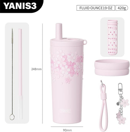 18.5 oz Thermo Cup with Straw, Elegant Cherry Blossom Embossed Design, Vacuum - Image 2
