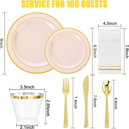 GATHER 700PCS Pink Plastic Plates - Gold Rim Disposable Plastic Dinnerware Set Include 200 Pink Plates, 300 Silverware, 100 Napkins, 100 Cups for Party & Wedding & Valentine's Day