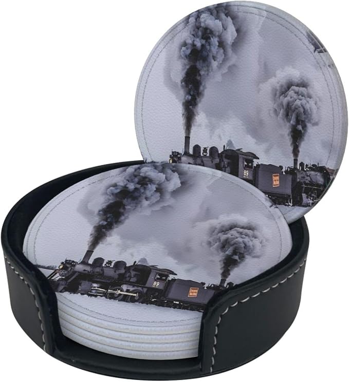 6 Pcs Winter Train Braving Smoke On Black Railroad Tracks Leather Coasters - Image 3