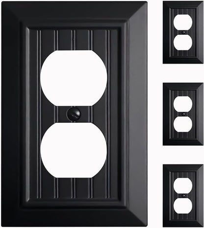 Beadboard Outlet Covers Wall Plates, Bamboo Fiber Light Switch Covers, Natural Material Electric Receptacle Decorative Switch Plate Outlet Cover Matte Black (1 Gang Duplex 4 Pack)
